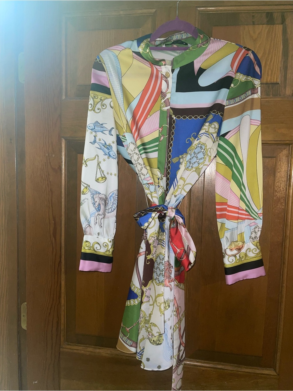 Zara Multicolor Printed Long-Sleeve Tie-Waist Dress